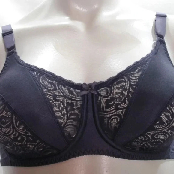 36D Hanes Her Way G274 Satin & Semi Sheer Lace Divided Cup Underwire Bra Gray  E - Picture 2 of 5